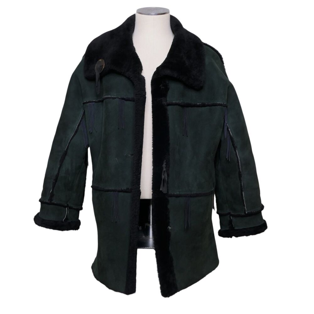 Sheepskin Shearling XL Green Ranch Southwestern Jacket Front Buttons Missing EUC